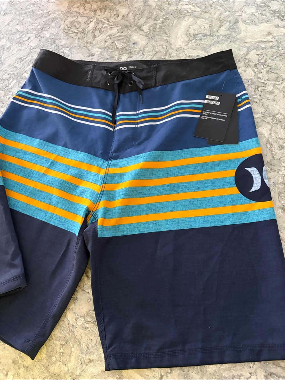 Hurley Navy Swim Board Shorts with Turquoise & Gold Stripes